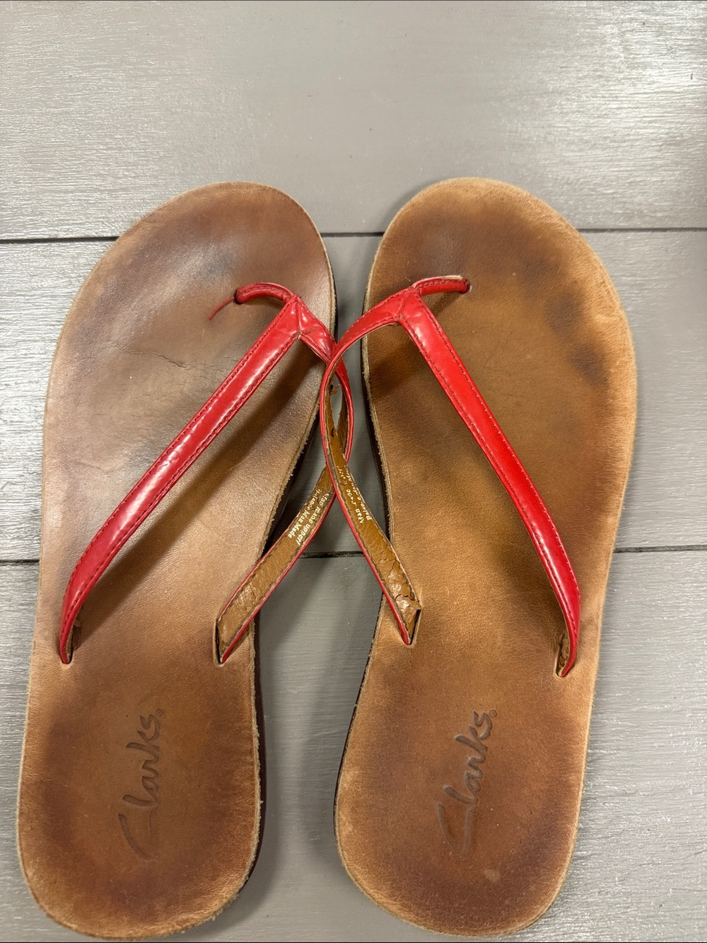 Clarks Red Leather Flip Flop Sandals with Brown Footbed